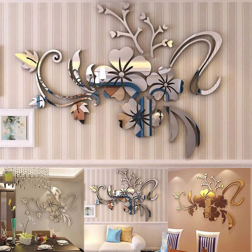 3D Mirror Floral Art Removable Wall Sticker Acrylic Mural Decal Home Room Decor Solid Color Flower Pattern Wall Sticker Qme