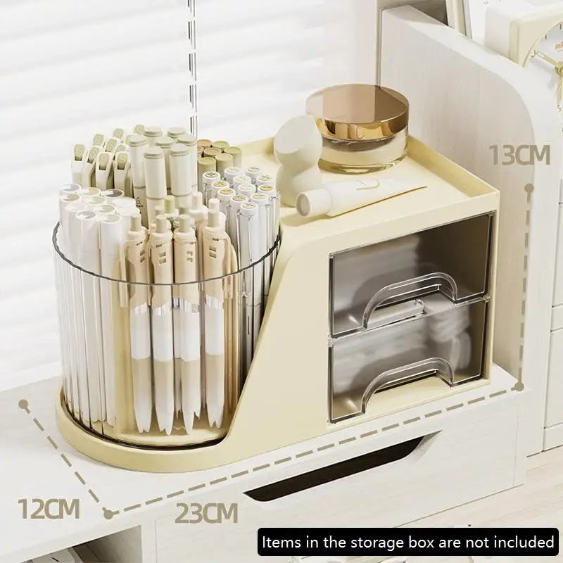 Drawer Plastic Pen Holder Cosmetic Storage Box 2-in-1 Rotating Qme B