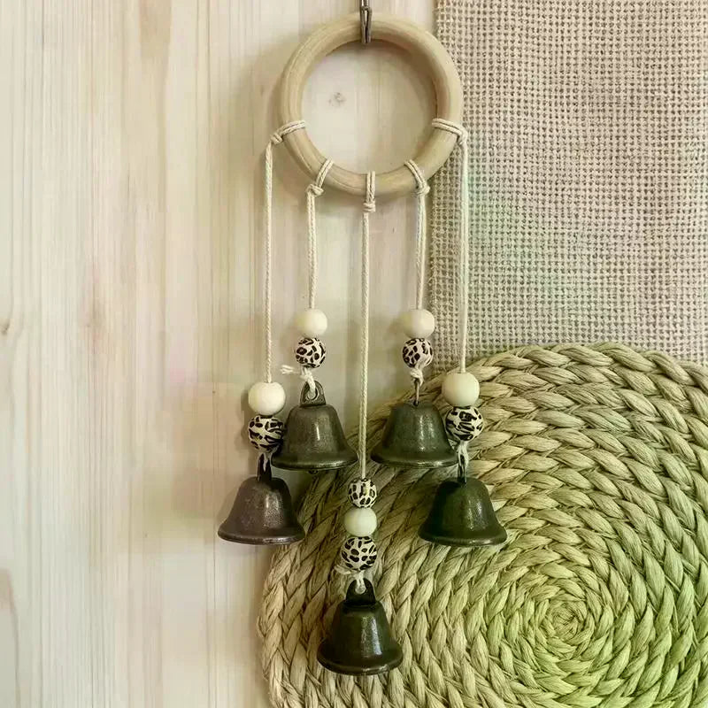 Bohemian Wind Chime With Natural Wooden Hoop And Vintage Metal Bells Perfect For Porch Balcony Boho Style Home Wall Decoration Qme
