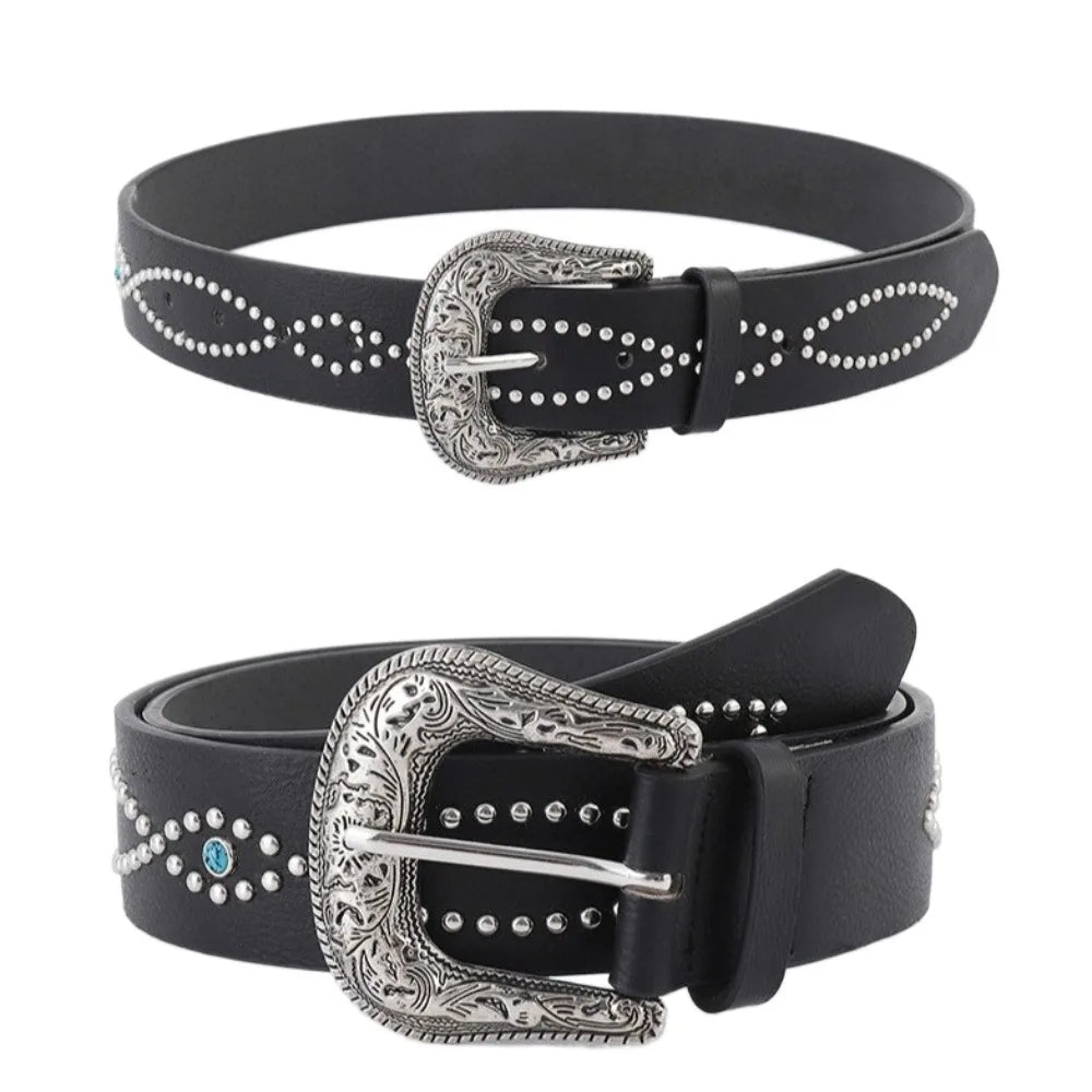 Fashion Rhinestone Women's Belt PU Leather Ethnic Style Rivet Waist Belt Punk Gothic Dress Jeans Belt Daily Qme