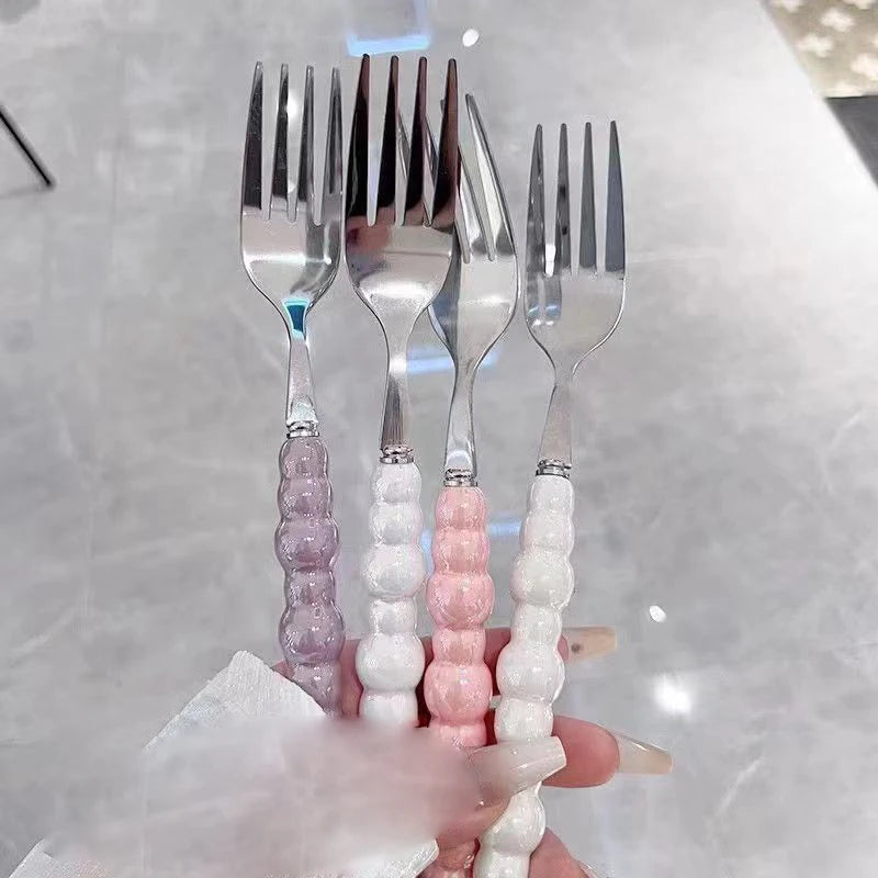 Pearl Handle Fork For Dessert Household Steak Stainless Steel Fork Salad Fork Dessert Pasta Fork Kitchen Accessories Gadgets. Qme