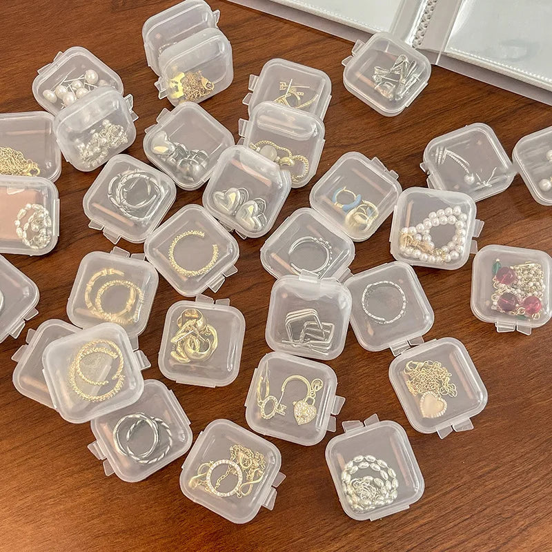 Mini Plastic Jewelry Storage Box Square Transparent Flip Portable Pill Container Jewelry Holder Packaging Earrings Display Case Qme