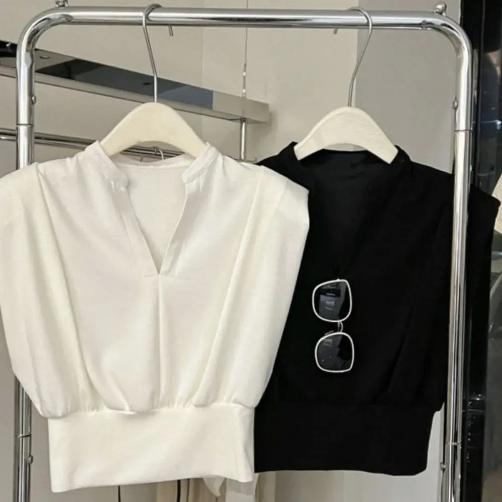 V-neck Flip Collar T-shirt Y2K Slim Fit Sleeveless Crop Wide Shoulder Qme