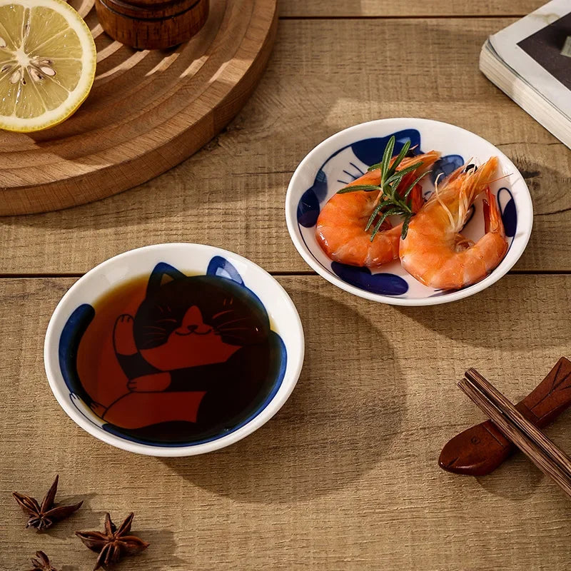 Sauce Dishes Sushi Plate Tableware Japanese Style Ceramic Dessert Creative Cute Cartoon Lucky Cat Pattern Water Drop Shape Plate Qme