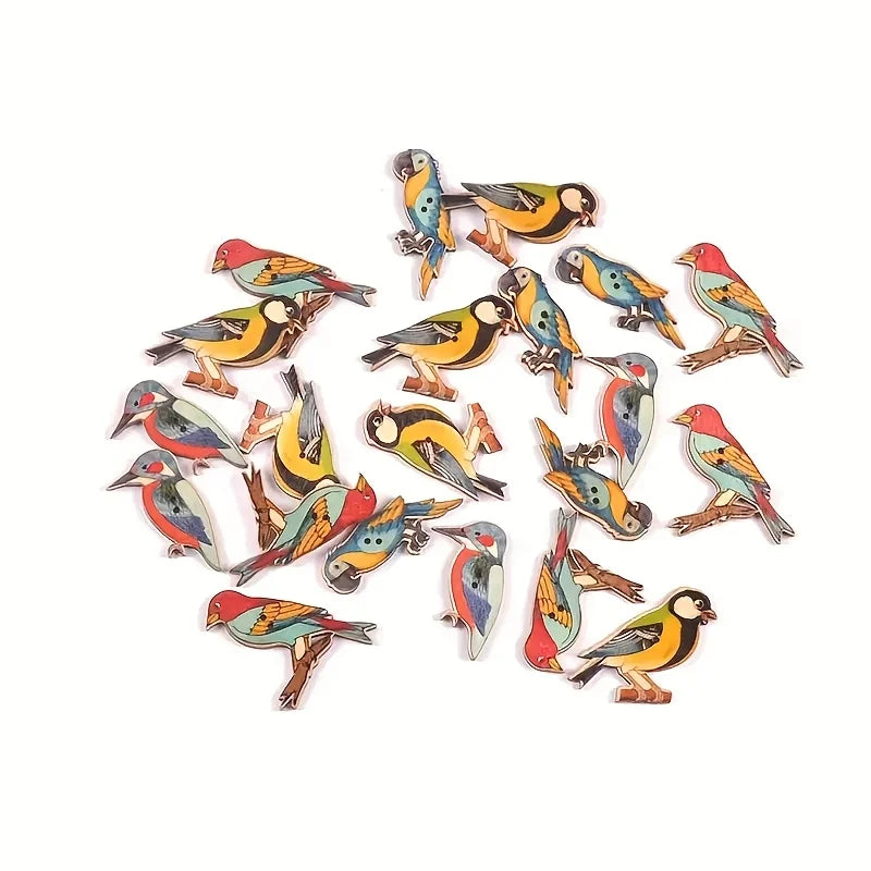 Vintage Bird-Shaped Wooden Buttons, Printed Wood Decorative Buttons For DIY Crafts Qme
