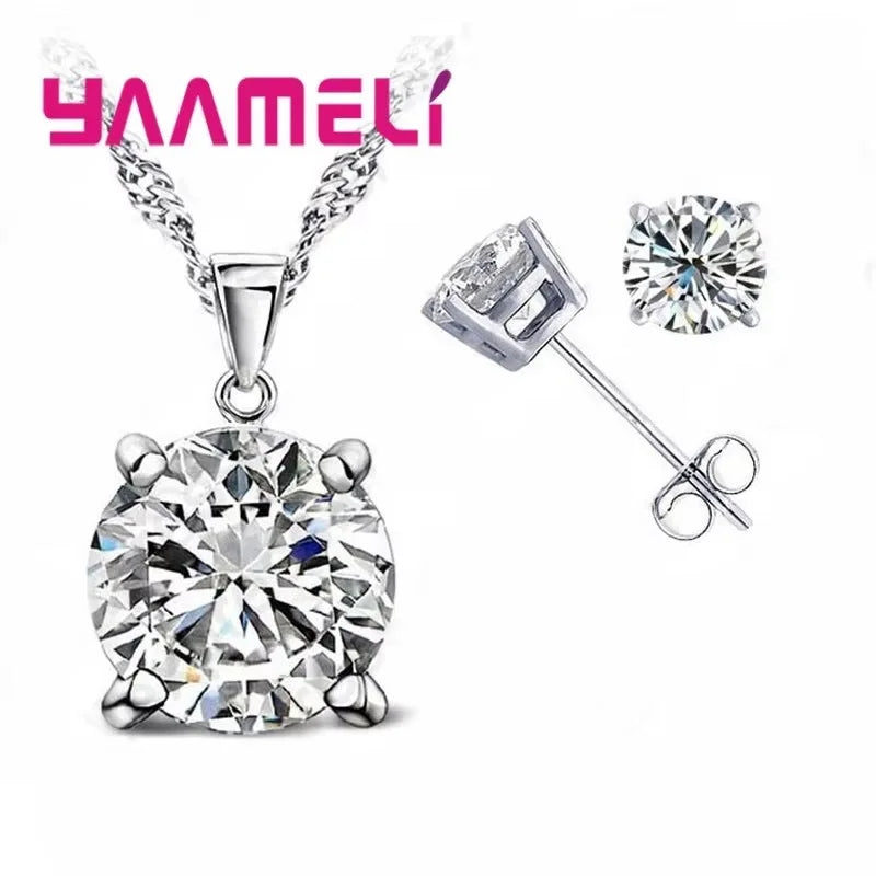 Fast Shipping 925 Serling Silver Color Shiny Cubic Zirconia Necklace Pendant Earrings Women Big Round Crystal Jewelry Sets Qme white