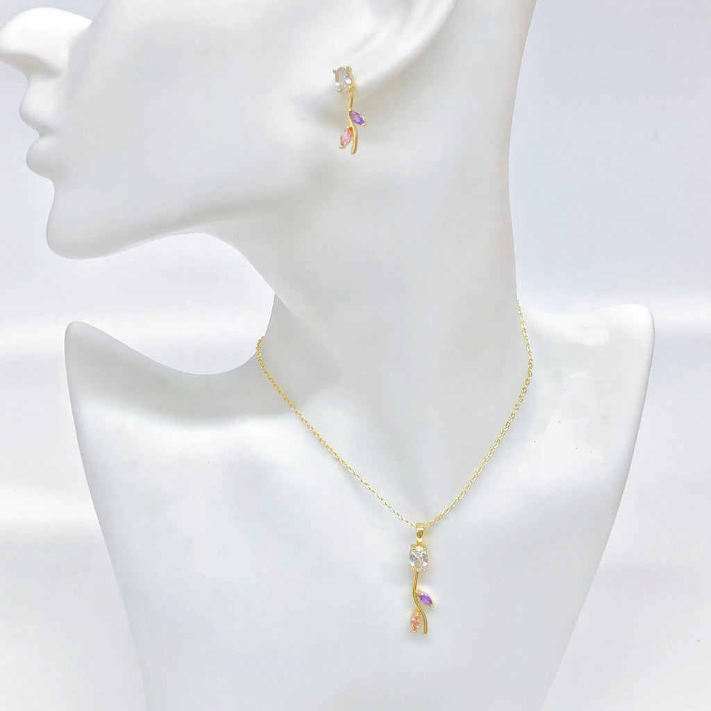 2PC Fashion Red/Green/Pink/Blue Rose Flower Crystal Necklace Earrings Jewelry Set for Women Romantic Wedding Bridal Jewelry Gift Qme