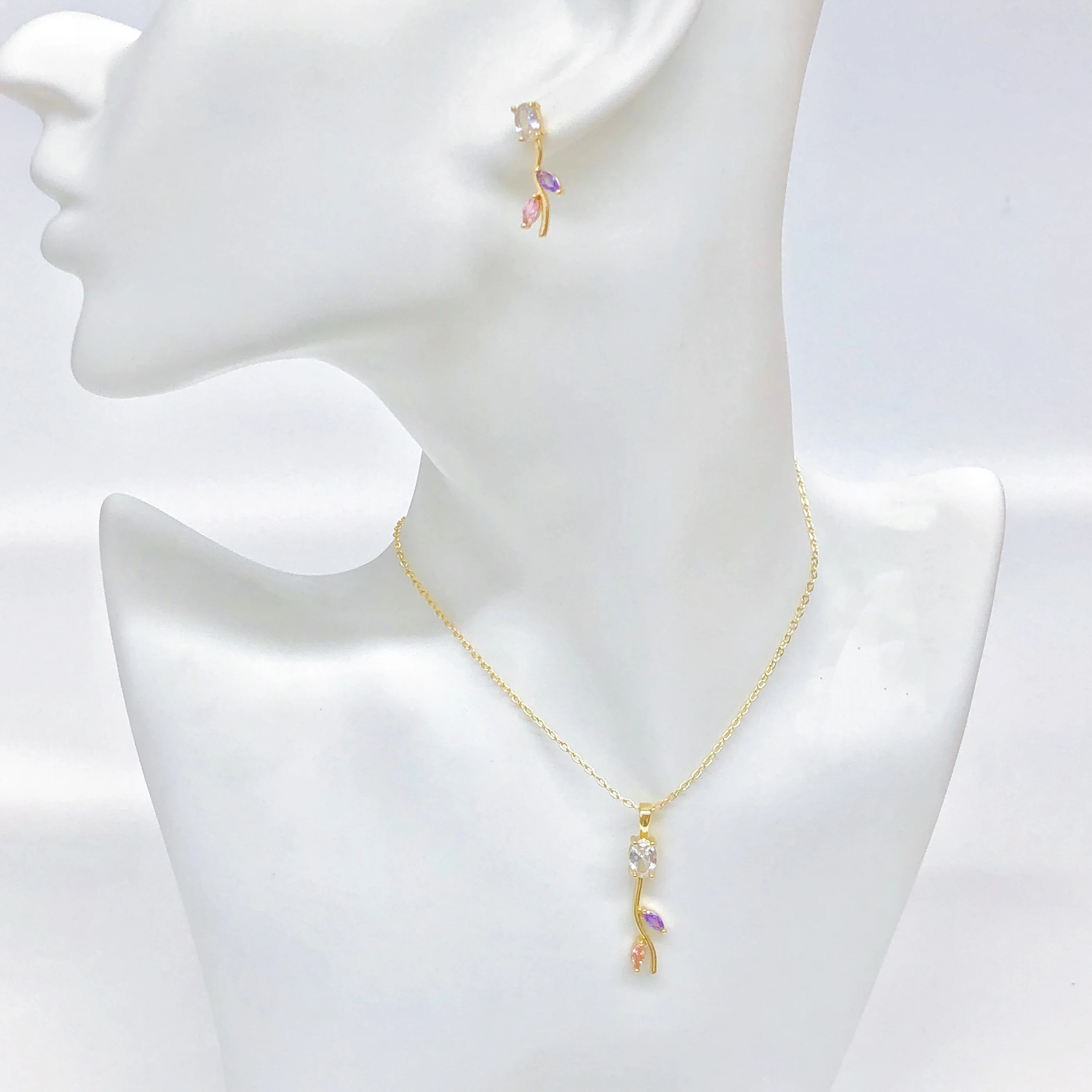 2PC Fashion Red/Green/Pink/Blue Rose Flower Crystal Necklace Earrings Jewelry Set for Women Romantic Wedding Bridal Jewelry Gift Qme