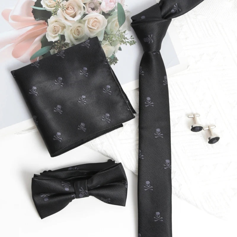 Black Slim Skull Ties Men Women Necktie Pocket Square Cufflinks Qme