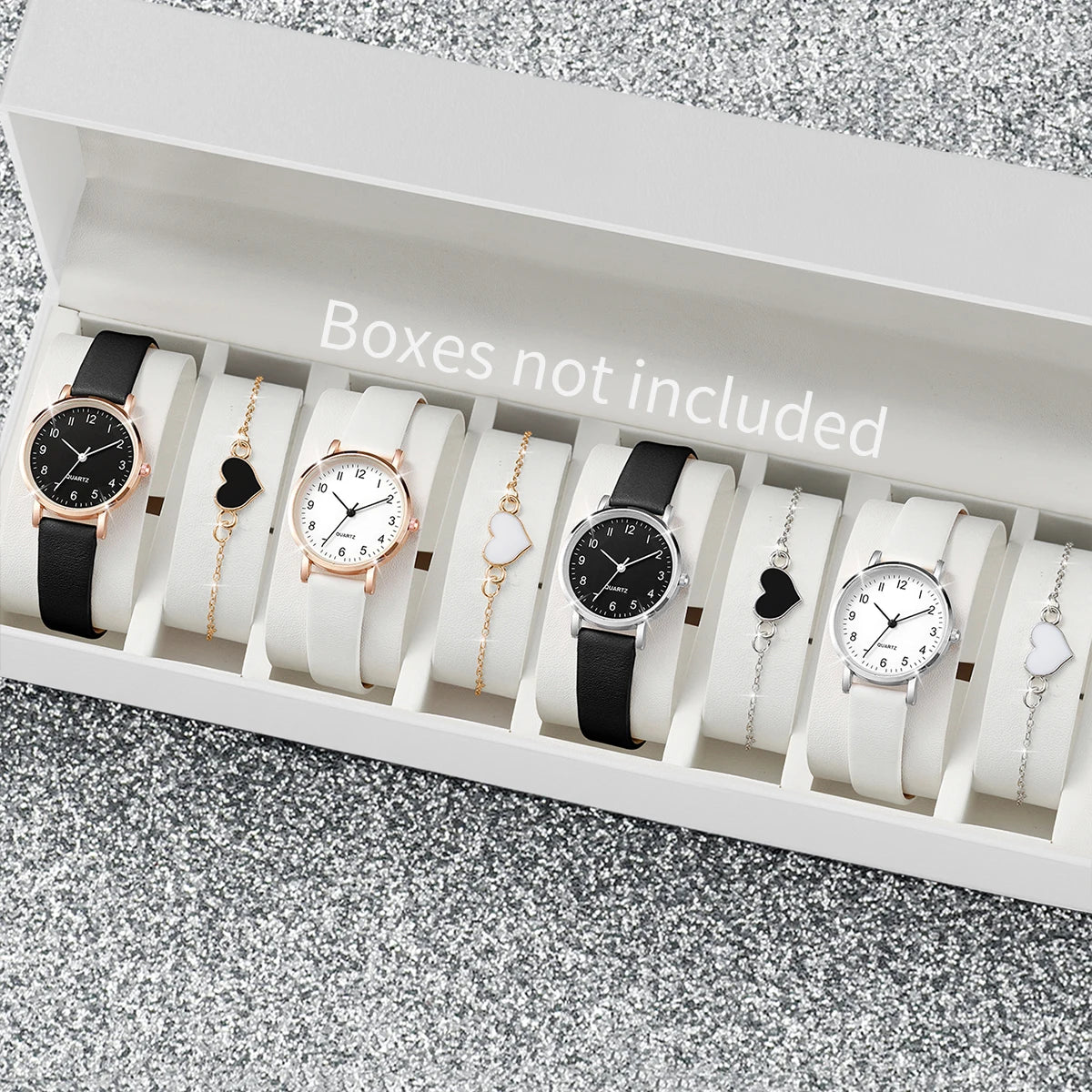 Quartz Watch with Leather Bracelet for Women, Heart Bracelets Without Box, Casual, Small, Female, Fashion, 8 Pieces Per Set Qme 4pcs