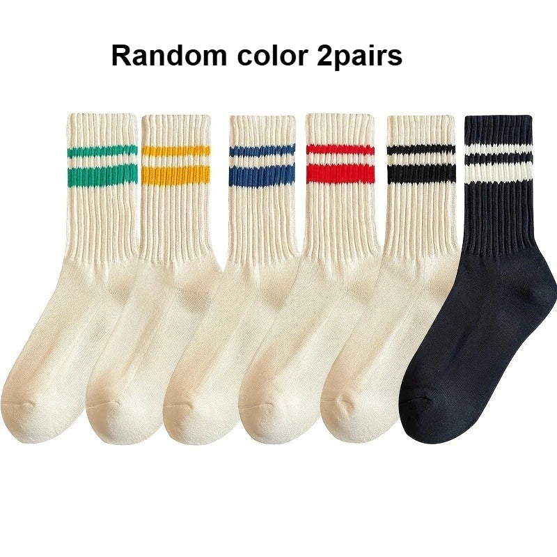 Striped Crew Socks, Casual Cotton Sport Socks for Men Women, Retro Style Qme Random color 2pairs One Size