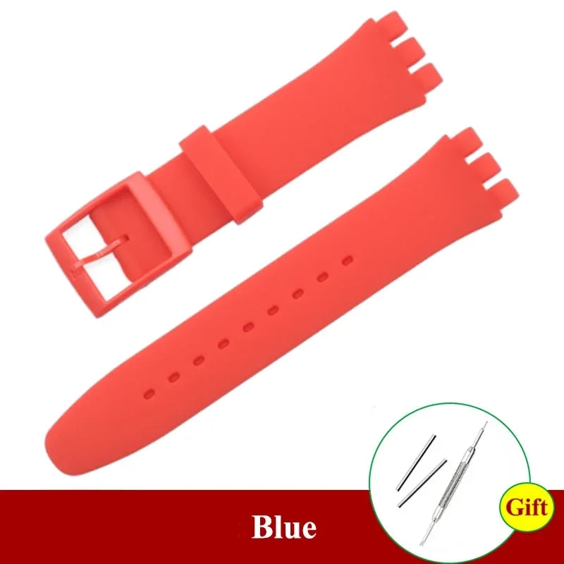 16mm 17mm 19mm 20mm Soft Silicone Bracelet Colorful Watchband for Swatch Watch Strap Replacement Watches Accessories with Tool Qme Red 17mm