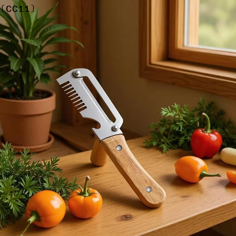 Multifunctional Stainless Steel Peeler Wooden Handle 3-in-1 Scallion Qme