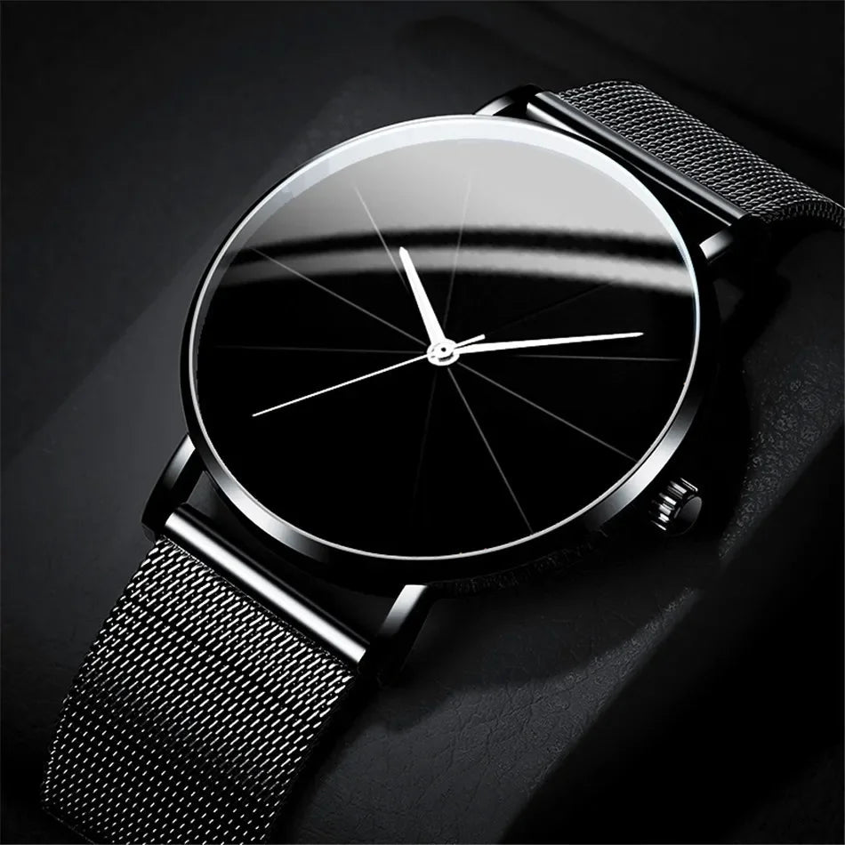 Casual Round Pointer Quartz Watch Large Geo Dial Analog Mesh Strap Wristwatch For Women Men Qme