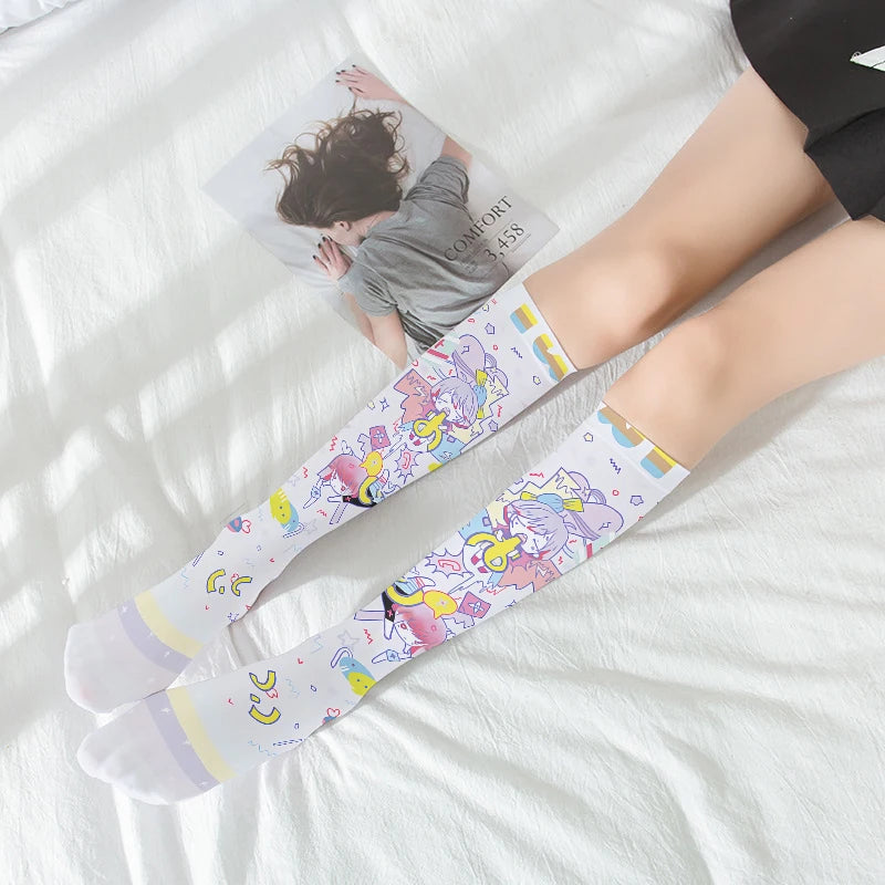 1 Pair Women Mid-tube Stockings Cartoon Anime Personality Printed Qme