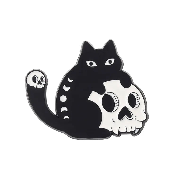 Black Cat Enamel Pin Skull Skeleton Brooch Badge Animal Gothic Flower Jewelry Kids Gift Party Lapel Clothes Backpack Wholesale Qme style 4