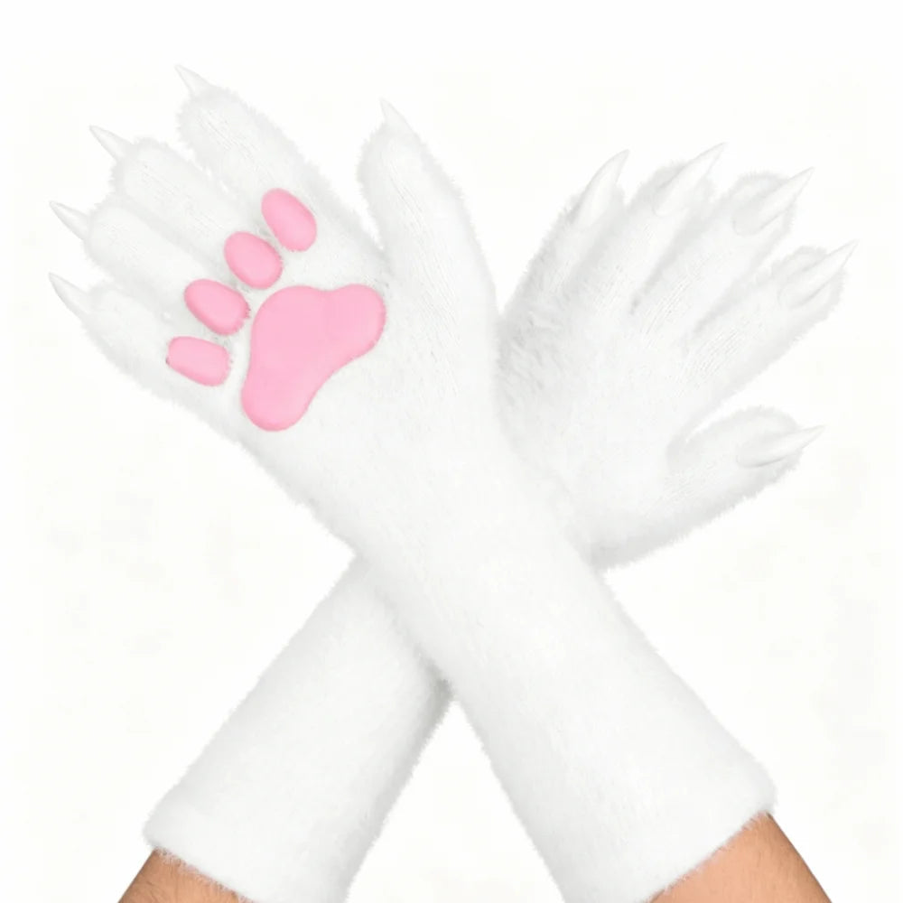 Long Cat Claw Gloves Furry Cute Animal Hand Silicone Paw Pads Cosplay Qme White