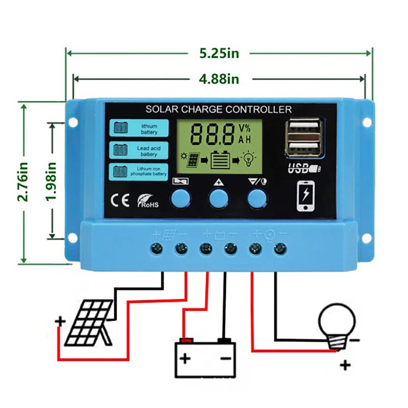 30A 20A 10A Solar Charge Controller 12V 24V Auto Solar Panel PV LCD Controller For Lead-Acid Battery, Lithium Battery Dual USB Qme