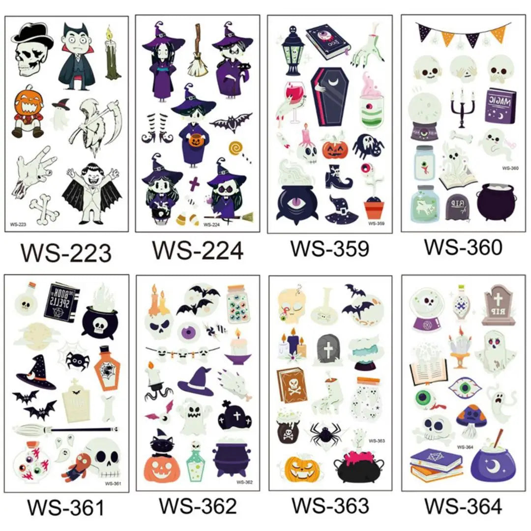 A Halloween Kids Toy Gift 6/8 Sheets Glowing Pumpkin Knife Fake Tattoos, Waterproof Body Stickers for Arm Hand Cosplay Decor Qme 8pcs WS-223WS364