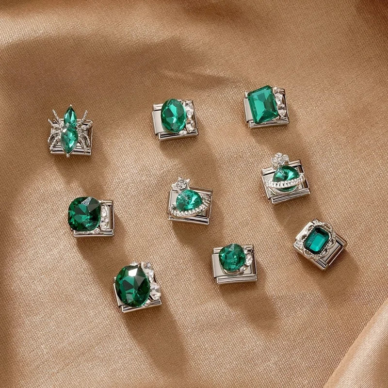 Trendy Green Emerald Inlay Zircon Shiny Italian Charm Link Fit 9mm Stainless Steel Bracelet DIY Making Men Women Jewelry Gifts Qme