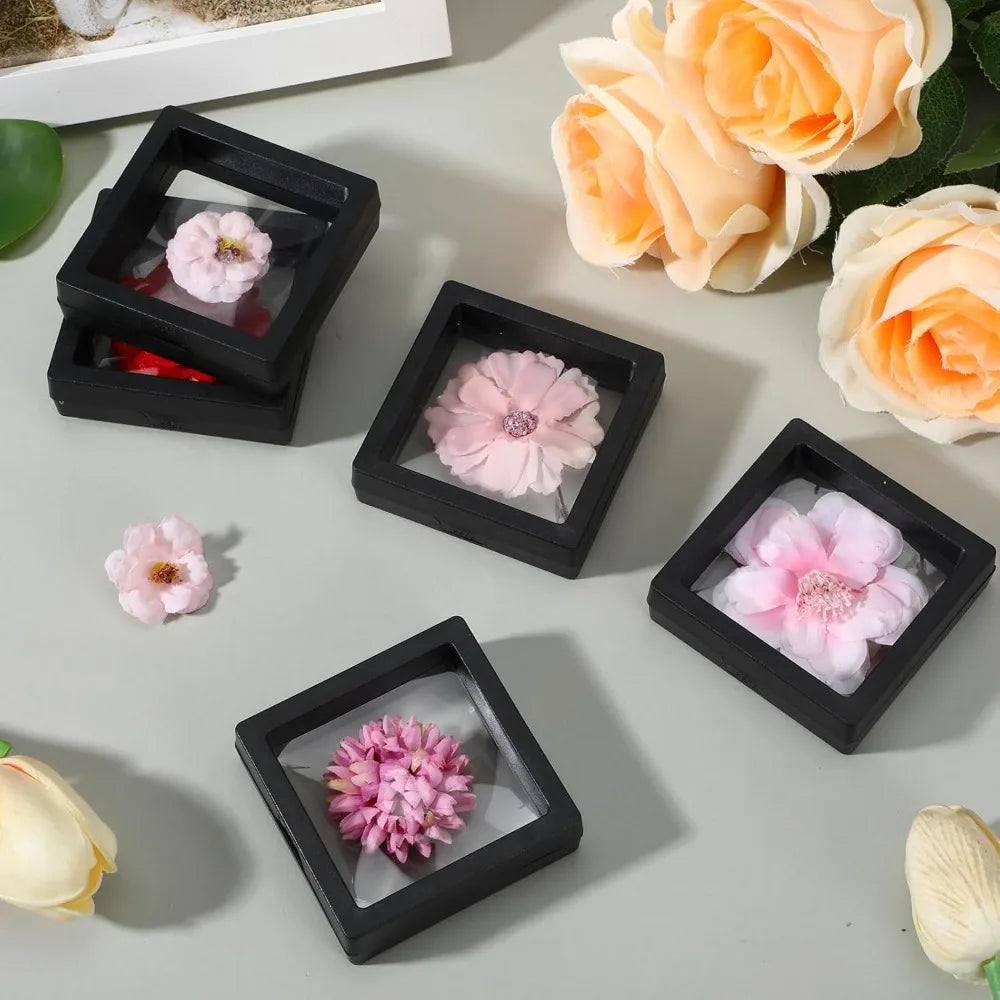PE Film Display Box 3D Floating Coin Ring Necklace Earring Packaging Box 7x7cm Transparent Visible Jewelry Dustproof Storage Box Qme