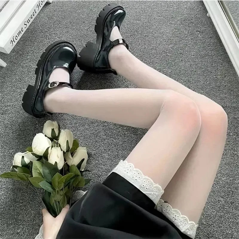 Women Waist Tights Black White Stockings Lolita Pantyhose Anime Qme