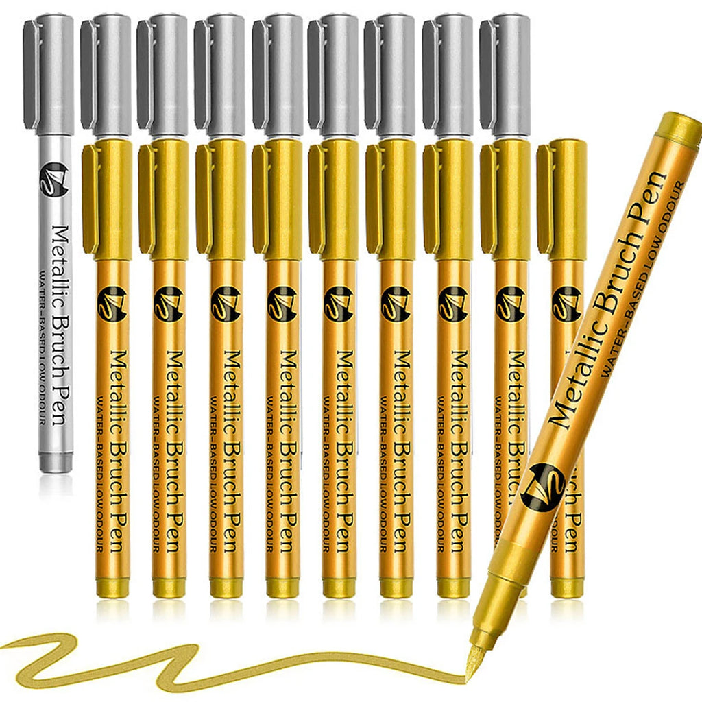 Metallic Paint Marker Pens, Brush Tips, Waterproof, Permanent Art Marker For Manga Crafts Scrapbooking Stationery Supplies Qme