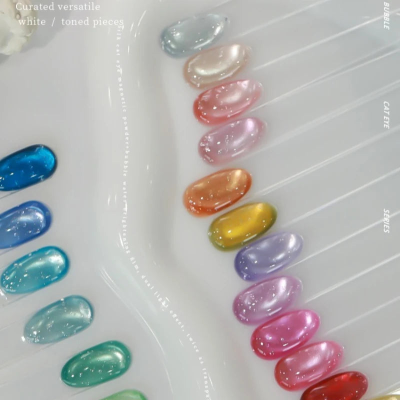 18 Colors Fruit Soda Cat Eye Gel Polish, Bubble Ice Transparent Glass Bead Magnetic Nail Art, New Shimmer Jelly Soak Off UV Gel Qme