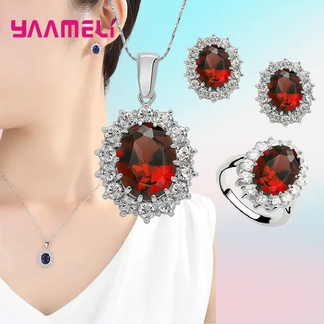100% Authentic 925 Sterling Silver Color Women Wedding Engagement Jewelry Sets Oval Flower Design Shiny Cubic Zircon Crystal Qme Red