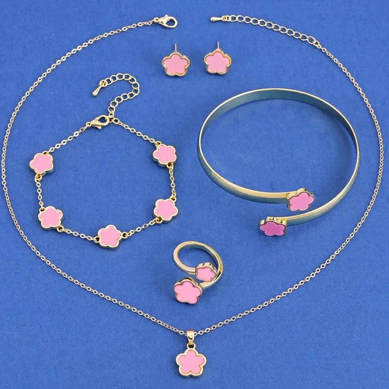 5PCS Five Leaf Flower Jewelry Set Bracelet Necklace Earrings Ring Bangle Classic for Woman Girl Party Brand Jewelry Gift Clover Qme 5PCS Pink