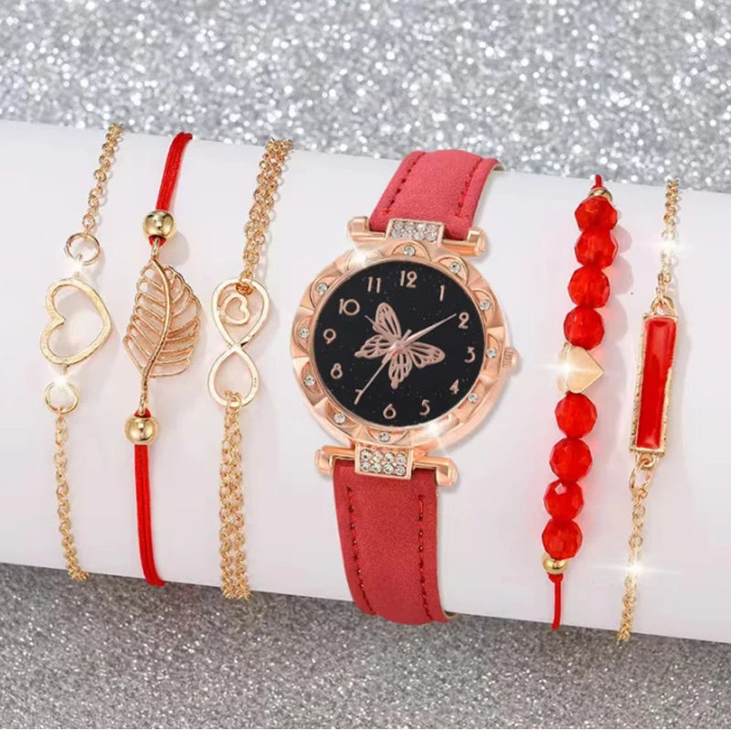 5Pcs Women Pink Suede Strap Watch Set, Floral Bezel Snowflake Dial Quartz Watch + Leaf Heart Pink Crystal Stack Bracelets Qme Blue