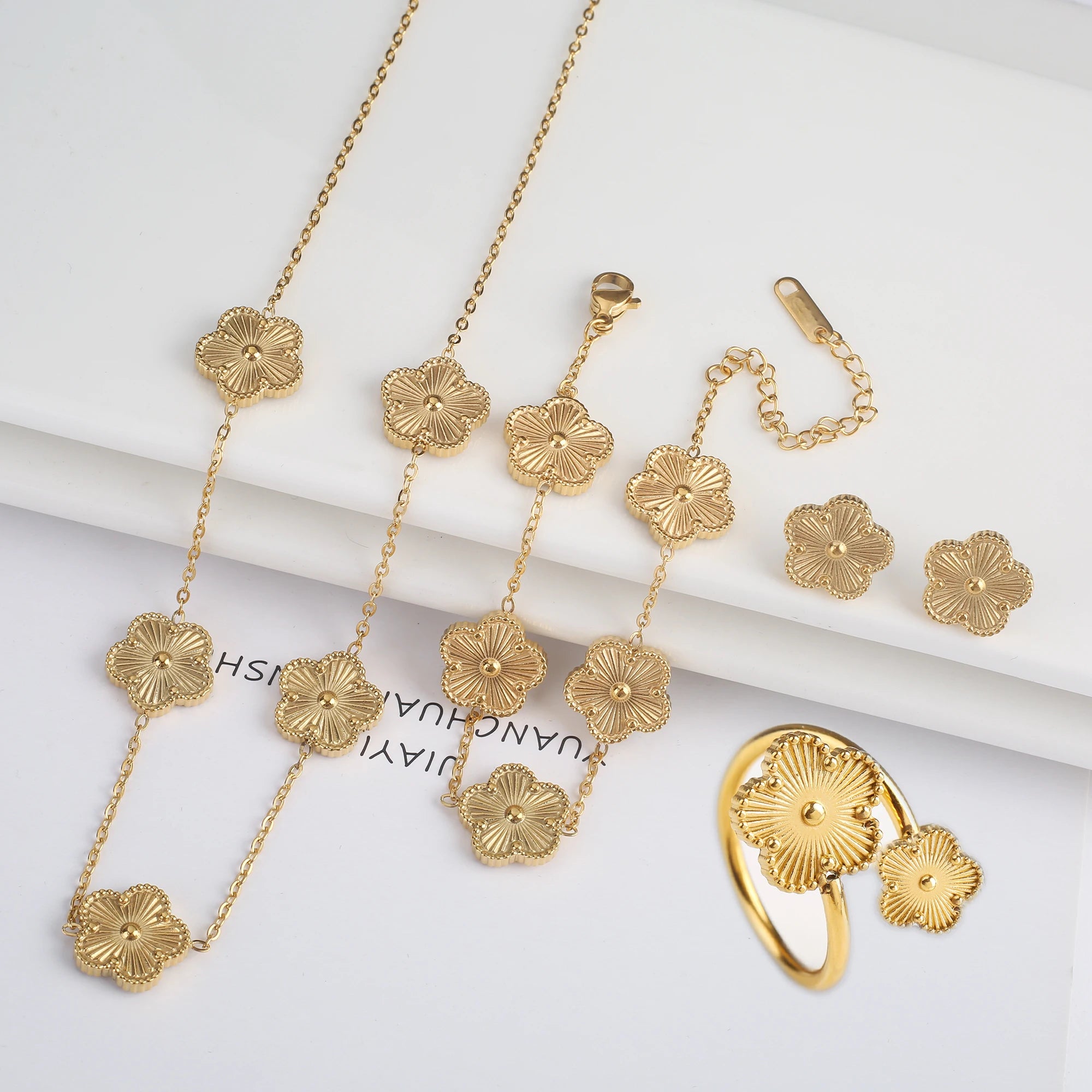 4Pcs 18k Gold-Plated Five-Leaf Flower Necklace Earrings Ring Bracelet Jewelry Set For Woman Party Jewelry Daily Wear Clover Gift Qme Jewelry Set 8
