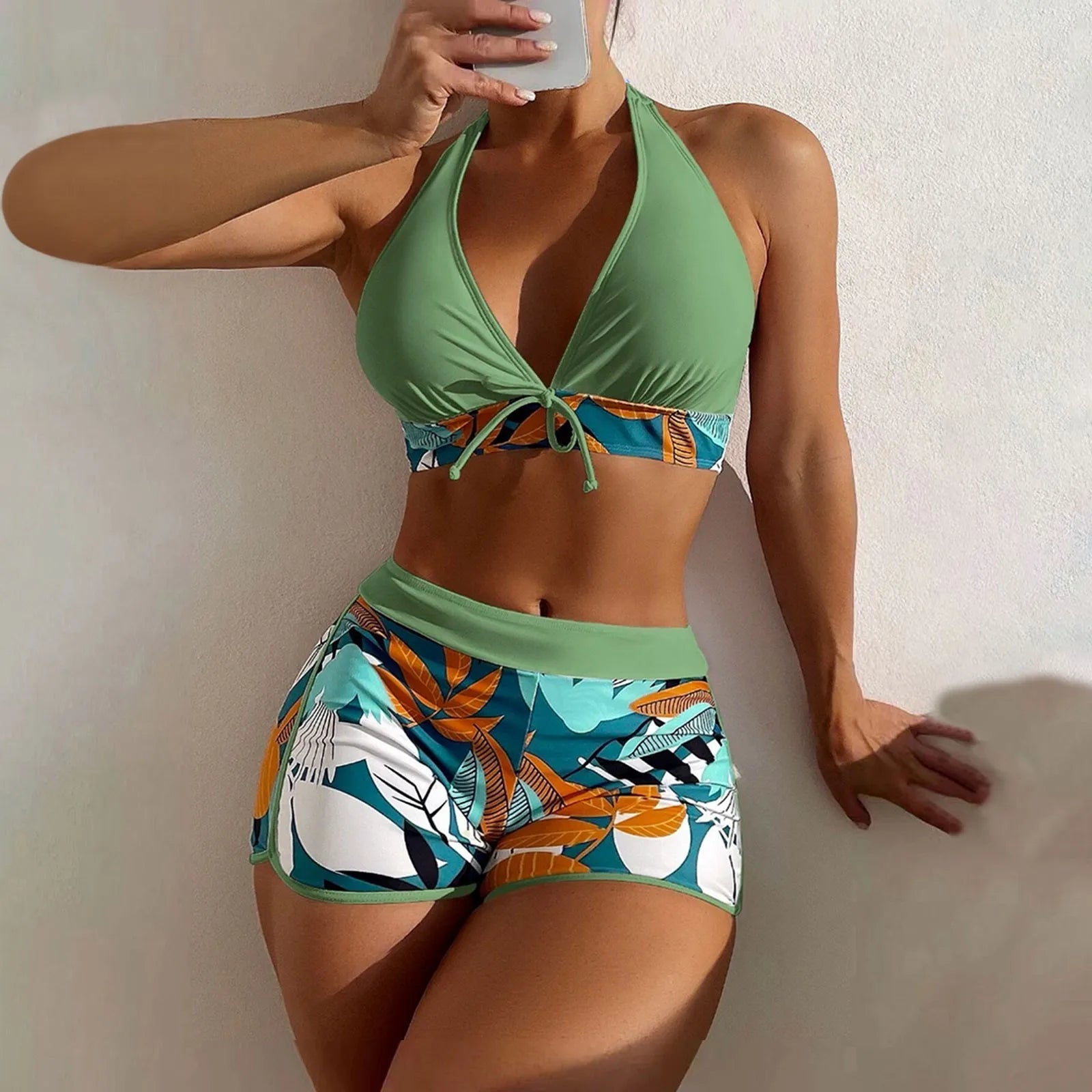 Women's Paneled Printed Swimsuit Ladies Fashion Sexy Split Boxer High Waist Swimsuit Two-Piece Set V-Neck Bathing Suits Female Qme Green L