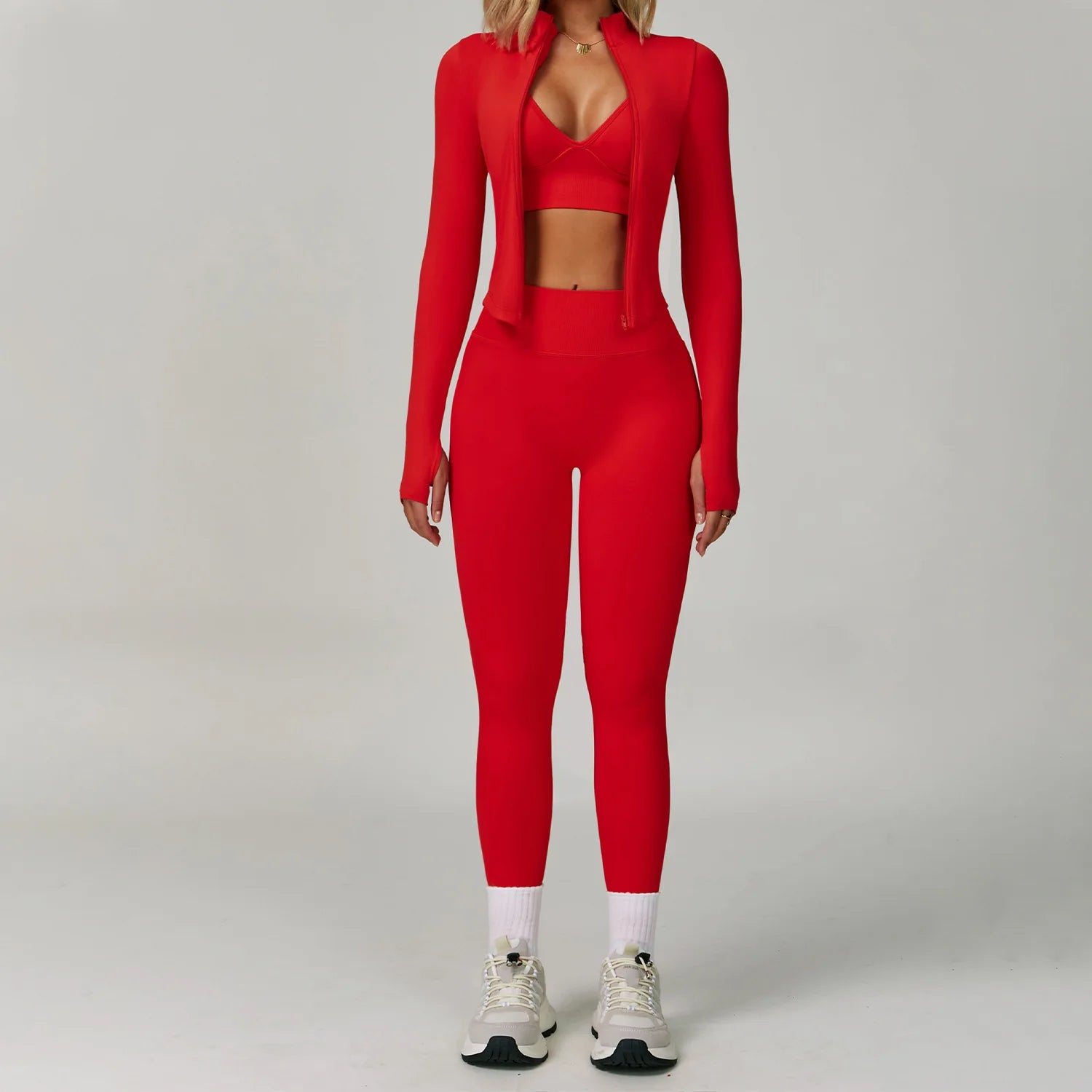 A 2/3PCS Yoga Suit Sports Set Gym Set Women Tracksuit Workout Clothes Long Sleeve Sports Bra Athletic Wear Yoga Clothing Qme 3pcs red M