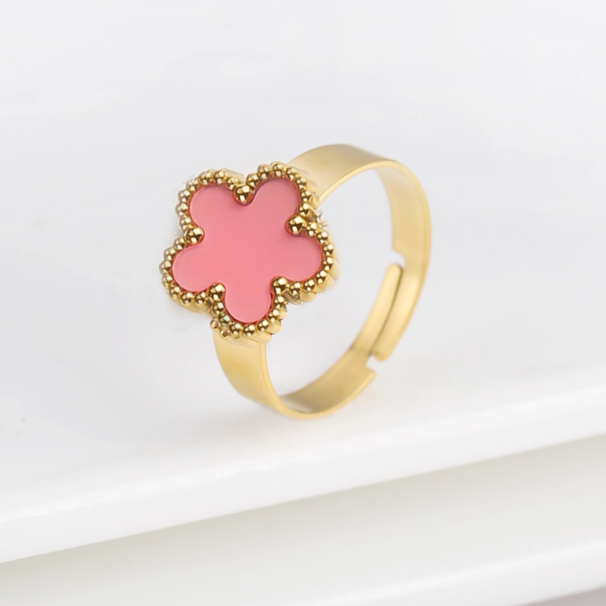 Hot Sale Stainless Steel Five-Leaf Flower Opening Adjustable Ring For Female Male Wedding Party Finger Jewelry Gifts Clover Qme K resizable