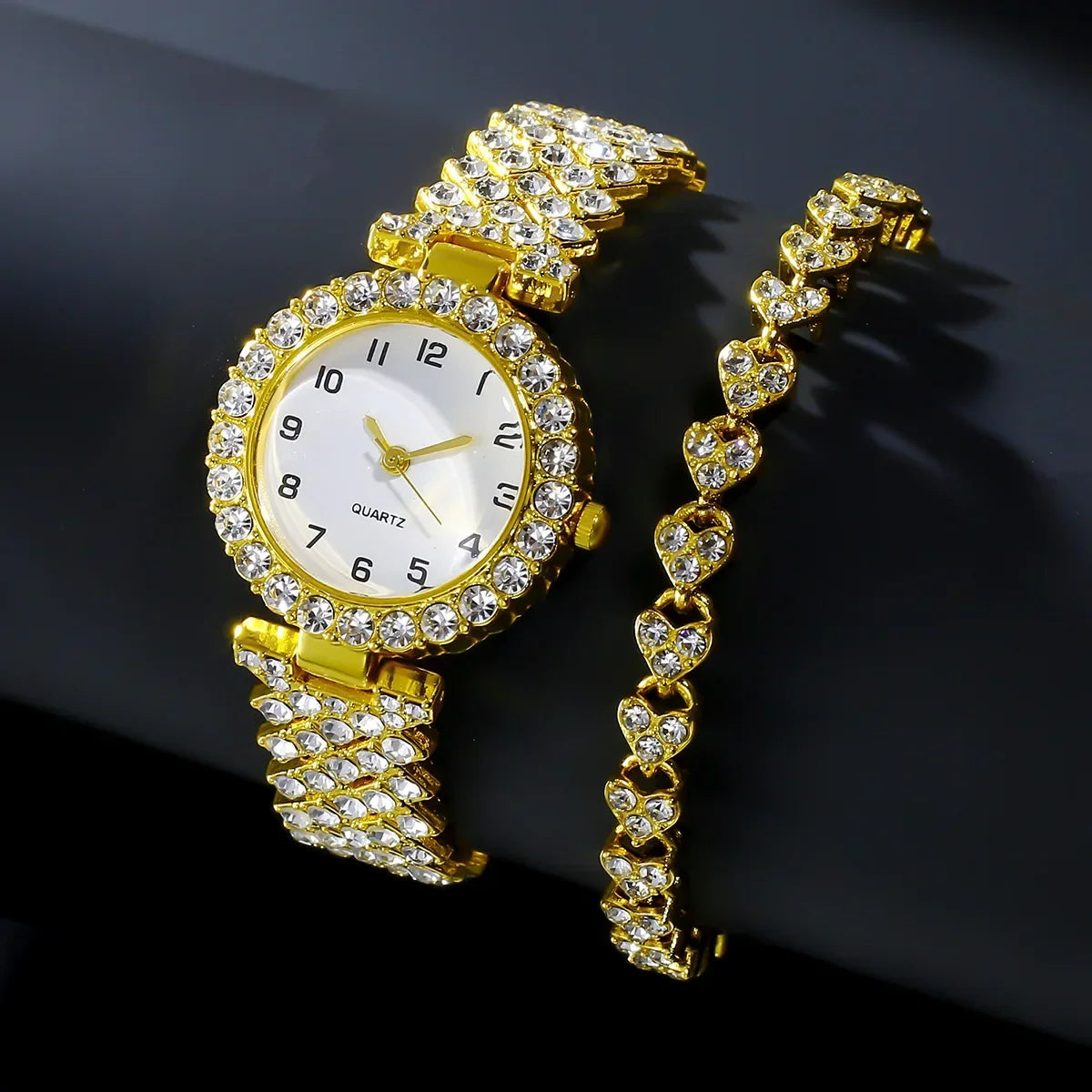 1pcs/2pcs Luxury Fashion Women Watch Set Silver Strap Ladies Quartz Wristwatch Alloy Bracelet for Ladies Jewelry Set Clock Gift Qme Gold-Set