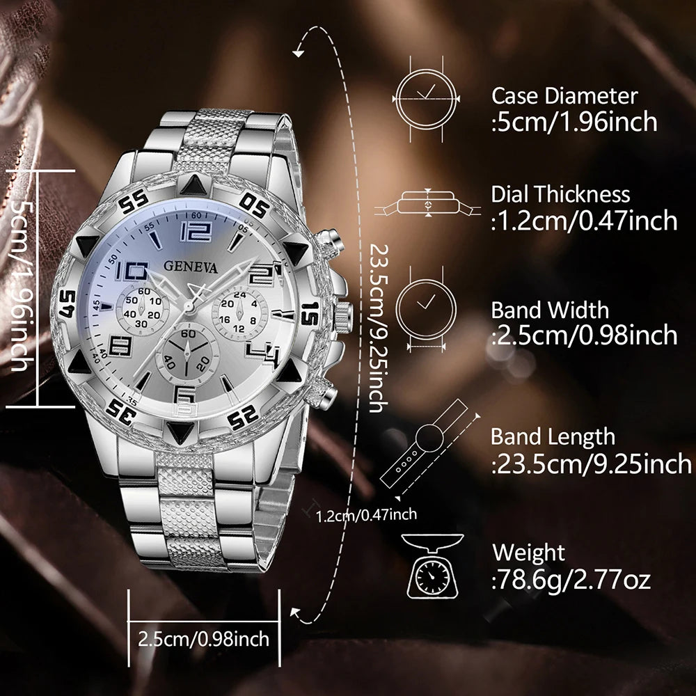 Geneva silver plate three eyed men's steel strap watch full diamond Cuban bracelet necklace three piece set, Qme