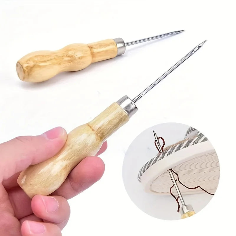 Wooden Handle Sewing Awl, Leather Craft Stitching Tool for Shoe Repair & DIY Projects Qme