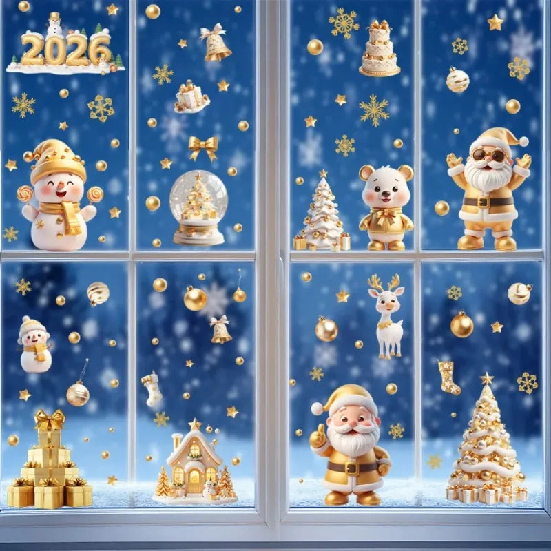 Golden Santa Snowman Window Stickers Reusable Static Cling Decals Qme