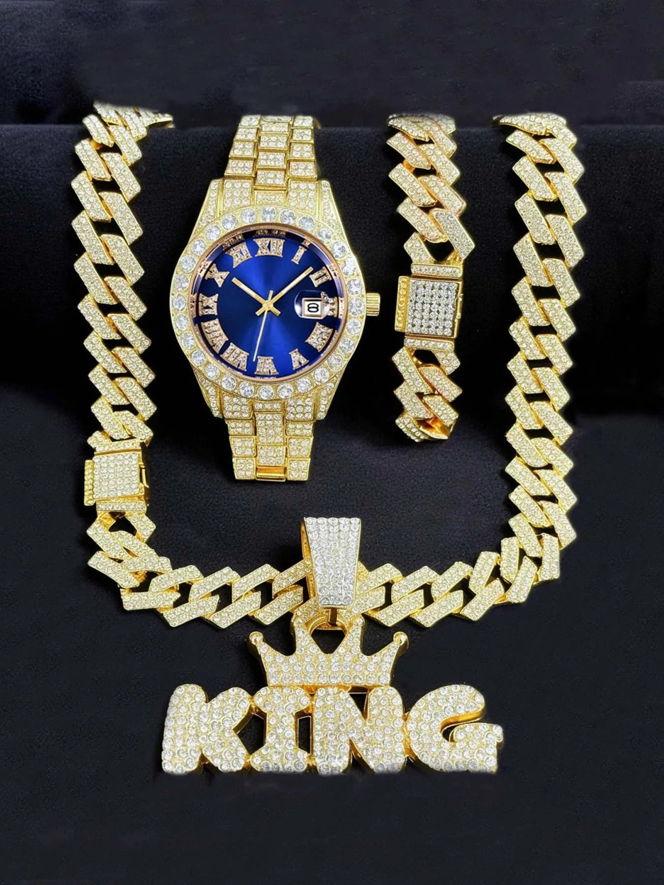 Men's Bling Jewelry Set: Gold Iced Out Watch + Cuban Link Chain + Bracelet + "KING" Crown Pendant Necklace, 3Pcs Hip Hop Set Qme Bronze