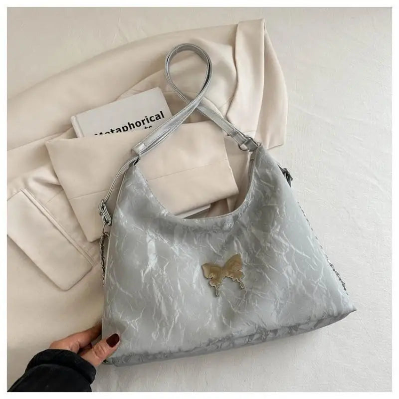 Women Fashion Shoulder Crossbody Dual-use Bag Silver Butterfly Decor Large Capacity For Daily Commute Shopping Travel Qme Silver