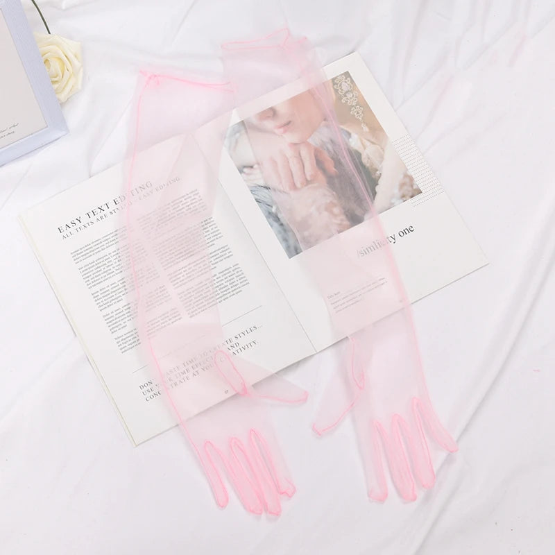 Long Sheer Tulle Gloves Ultra Thin Stretchy Full Finger Mittens Mesh Qme pink 55cm