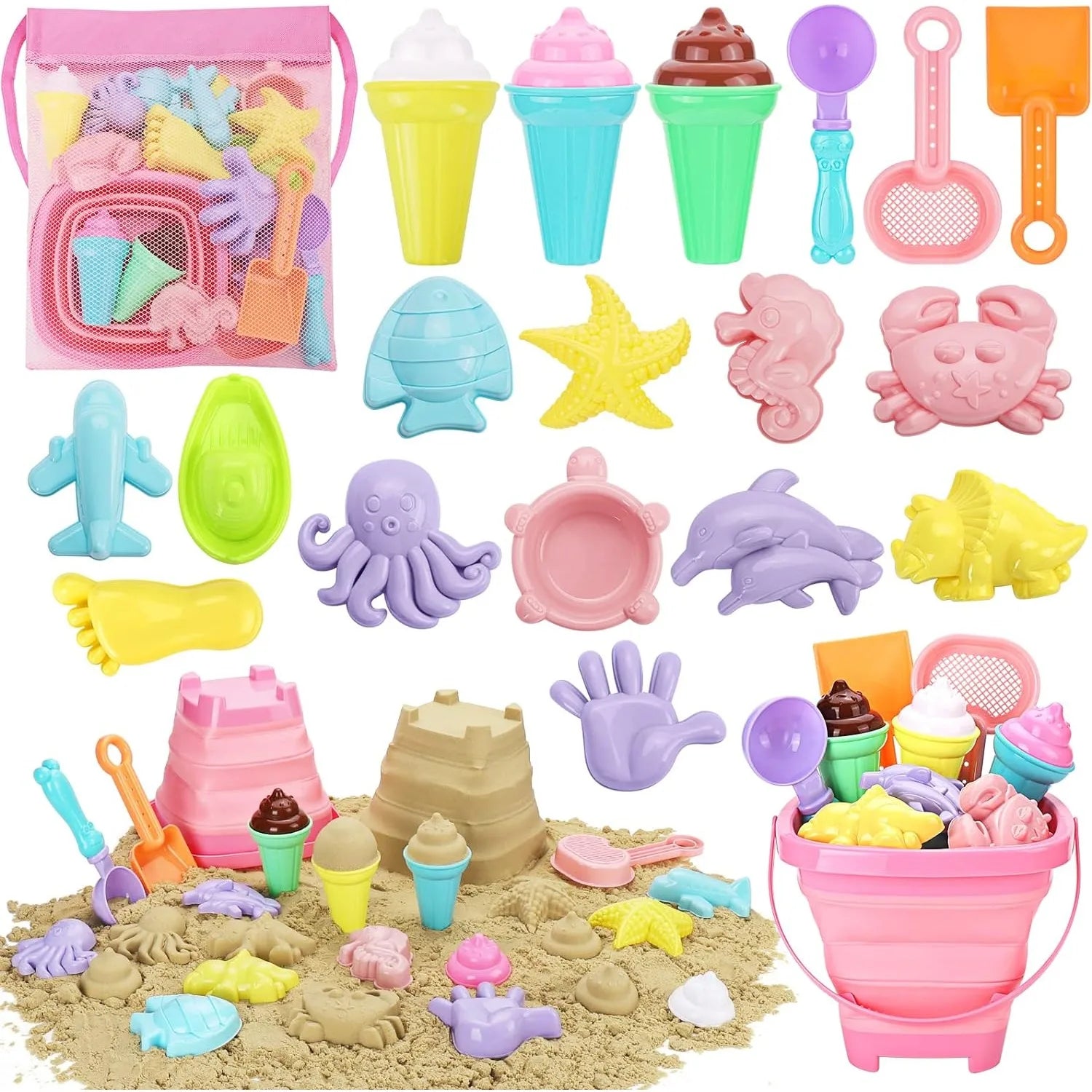 Beach Sand Toys for Kids Beach Toys Set with Ice Cream Cake Sand Molds Mesh Beach Bag Shovel Rake for Toddler Sandbox Outdoor Qme 20pcs Pink