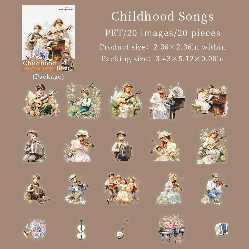 20 Sheets/Bag Childhood Time Retro Theme PET Stickers for Scrapbooking DIY Photo Album Collage Decoration Materials Qme 1