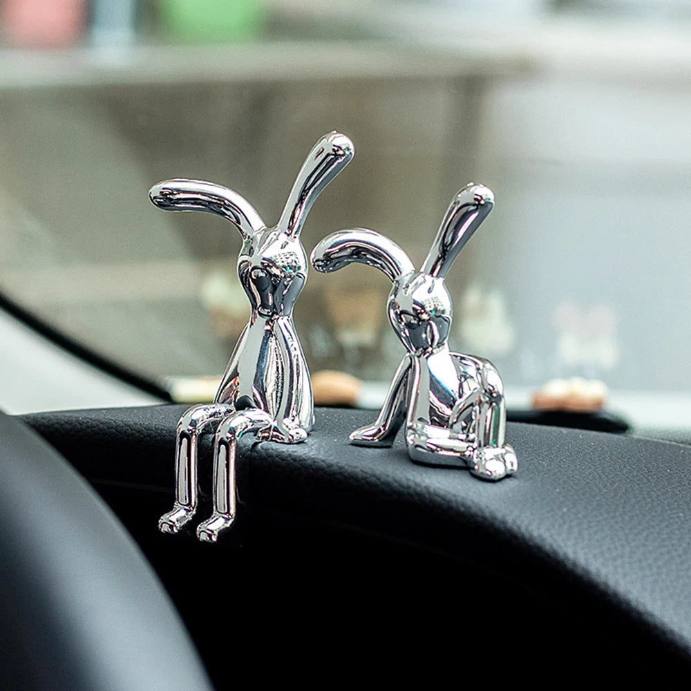 2PC Long-Eared Rabbit Double Statue Cartoon Decoration Accessories Living Room Bedroom Car Decoration Desktop Decorative Ornamet Qme Silver 2pcs