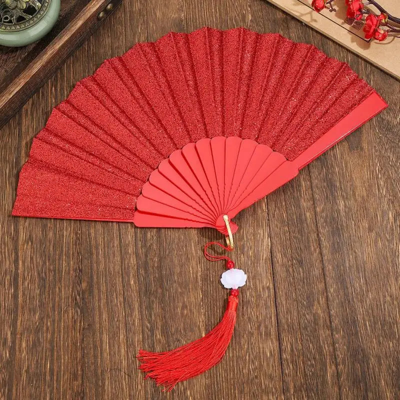 Gold Powder Plastic Fan Art Craft Home Decor Vintage Folding Chinese Qme A10