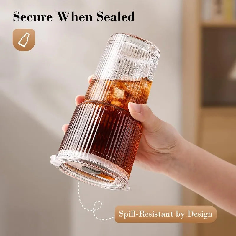 400/600ML Striped Glass Coffee Cup Transparent Drinking Cup with Lid and Straw Large Capacity Juice Iced Coffee Cup Drinking Cup Qme