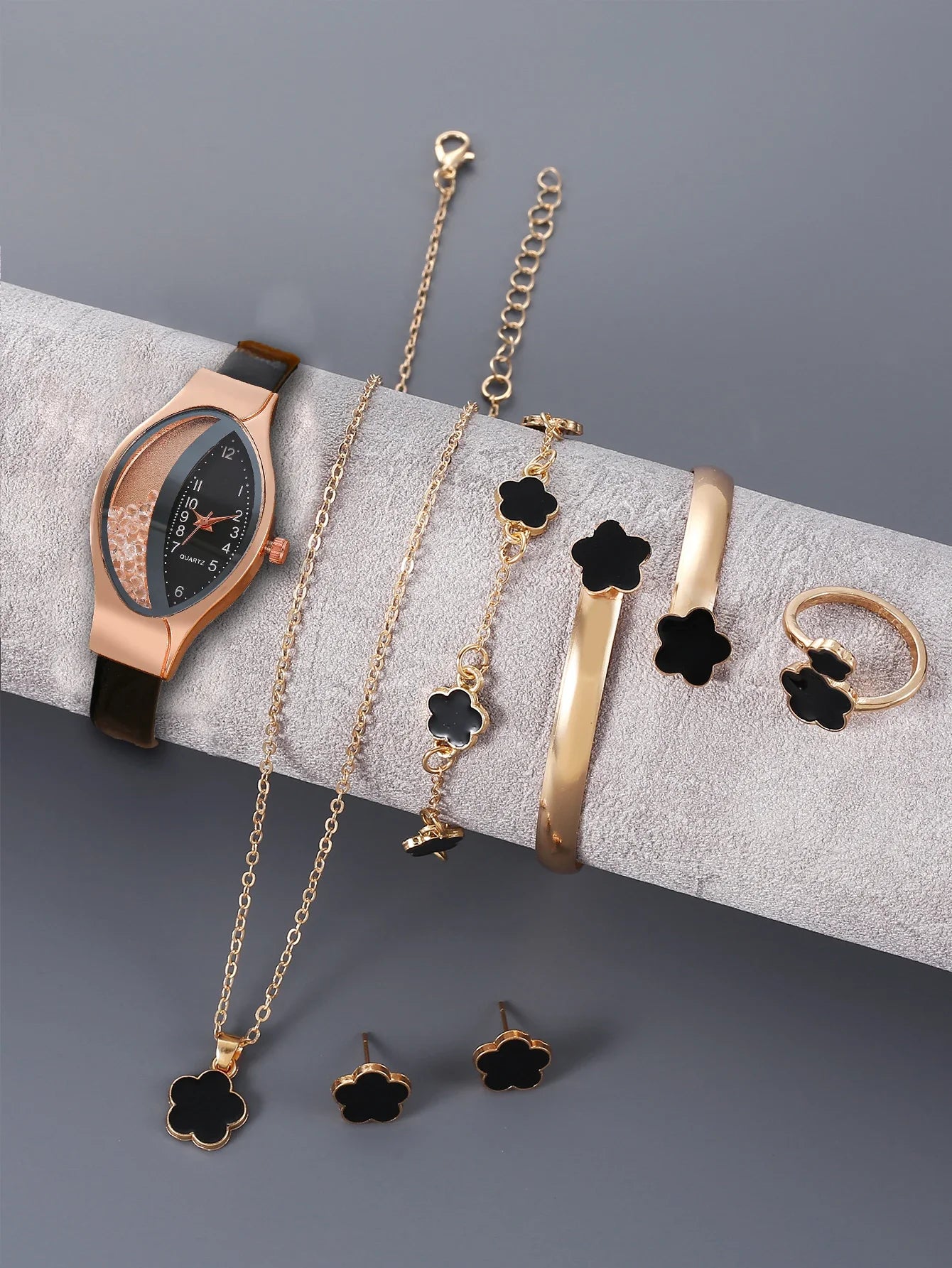 Hot selling fine leather with rhinestones, fashionable women's watch, half diamond ball rolling sand women's quartz watch Qme black No