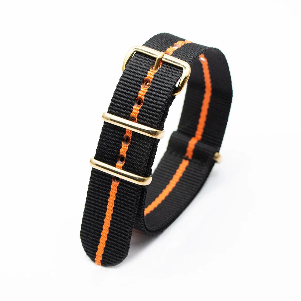 High Quality Luxury Striped Nylon Smart Watch Strap 18MM 20MM 22MM Gold Square Buckle Wear-resistant Woven Strap Qme 2Black1Orange 18mm