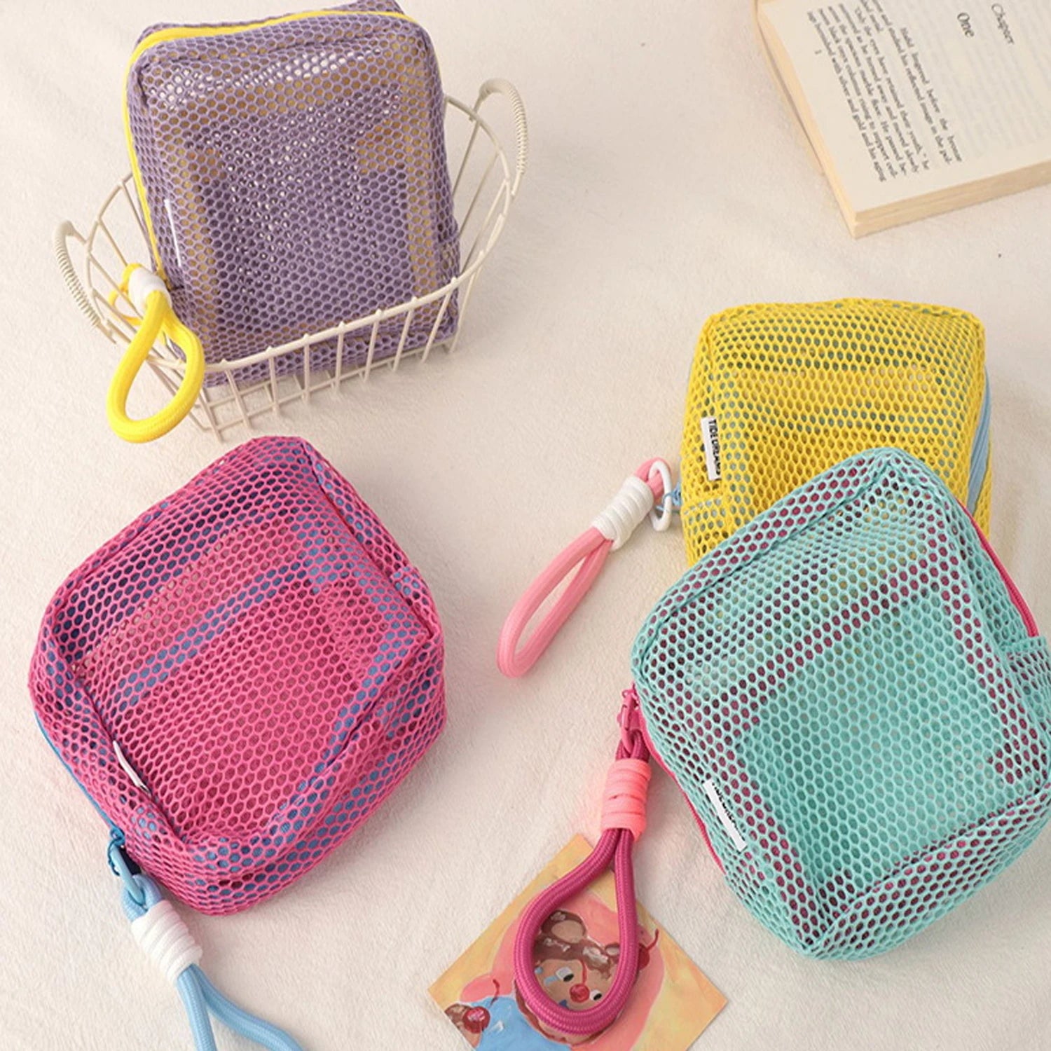 Mesh Square Cosmetic Bag Women Portable Earphones Lipstick Sanitary Napkins Storage Pouch Small Makeup Zipper Bags Qme